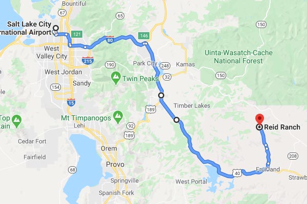 Tiny map from Google Maps (links to Google Maps showing directions from Salt Lake City to Reid Ranch)