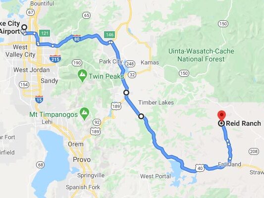 Static image form Google Maps showing suggested route from Salt Lake City, UT to Reid Ranch Resort.
